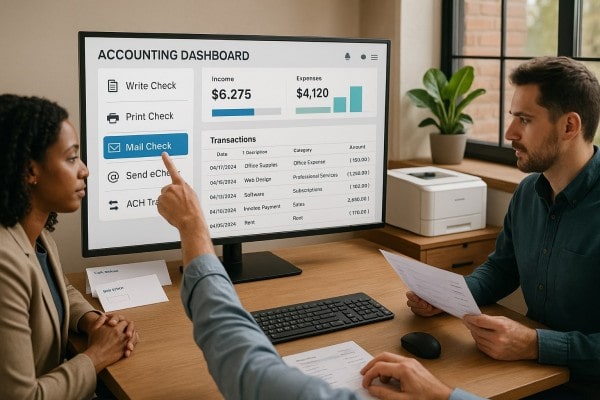 Simplify Accounting With Built-In Payments A Person Seated at a Desk, Viewing Payments and Financial Graphs on a Laptop, with Check Printing and E-Check Options Displayed
