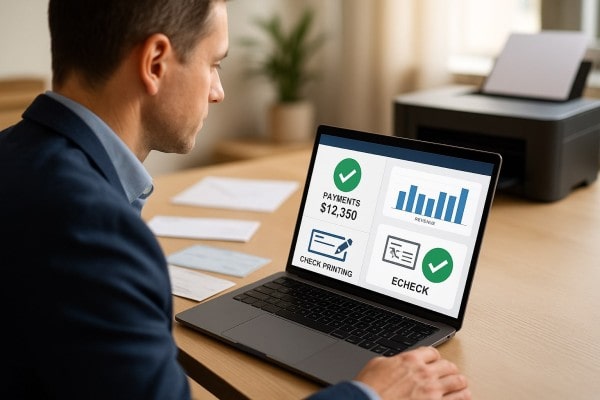 A Person Seated at a Desk, Viewing Payments and Financial Graphs on a Laptop, with Check Printing and E-Check Options Displayed