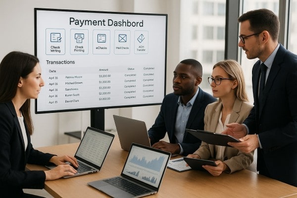 Smart Payments for Modern Teams A Group of Professionals Discuss a Payment Dashboard Displayed on a Large Screen While Working on Laptops in a Modern Office Setting