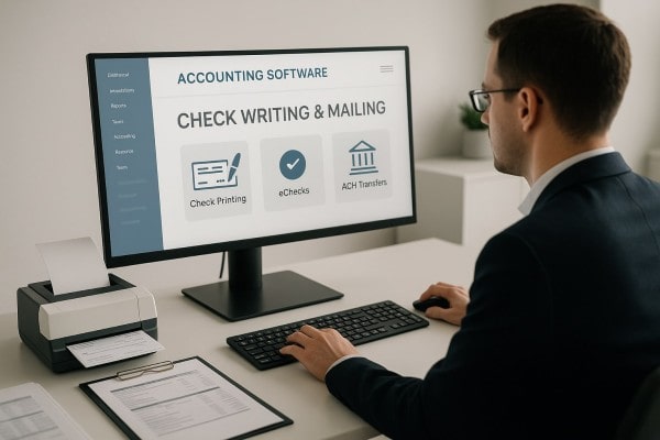 A Person Seated at a Desk, Viewing Payments and Financial Graphs on a Laptop, with Check Printing and E-Check Options Displayed