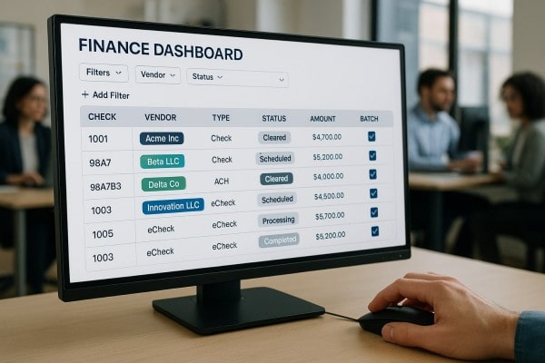 Unified Dashboard for Every Transaction A Group of Professionals Discusses a "Payment Approval Flow" Presentation, Highlighting User Roles and Payment Methods on a Screen