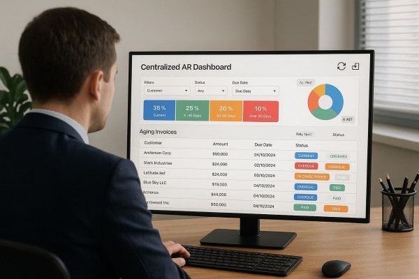 A Group of Professionals Discusses a "Payment Approval Flow" Presentation, Highlighting User Roles and Payment Methods on a Screen