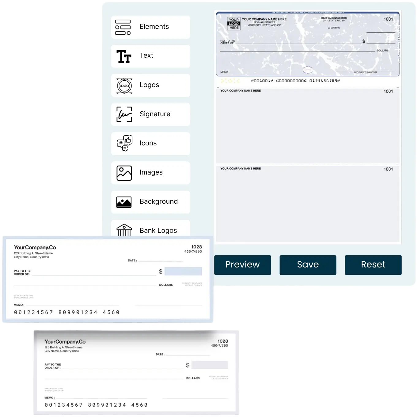 Customize Your Checks with Ease User Interface for Check Design Tool Featuring Editable Elements Like Logos, Text, and a Preview of the Check Layout