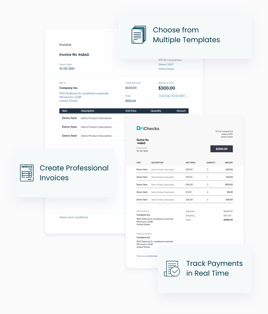 Bill & Invoice Management Three Sections of Invoices Showcasing Features: Templates, Tracking Payments, and Creating Professional Invoices