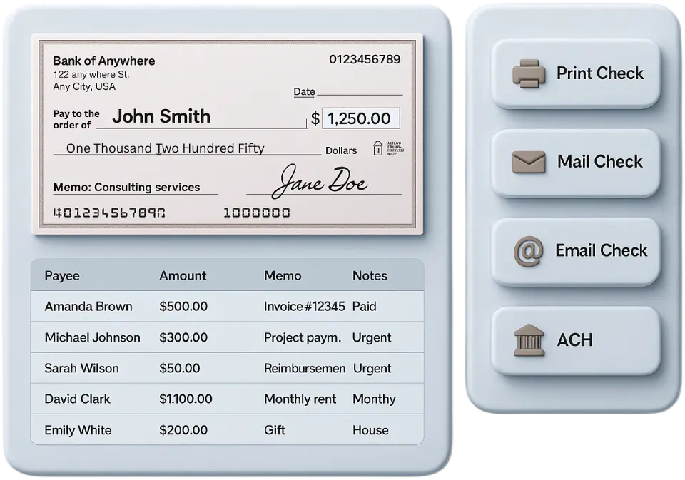 Write, Print, Mail Checks & Send ACH Payments Check Made Out to John Smith for $1,250, with Memo for Consulting Services, Alongside Payment Options: Print, Mail, Email, ACH