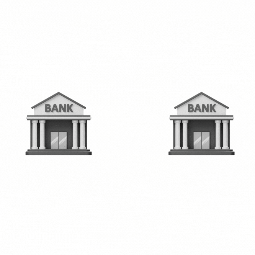 Animated Businesswoman Using a Smartphone with Banks and Dollar Icons in the Background, Illustrating ACH Transactions Through FiChecks