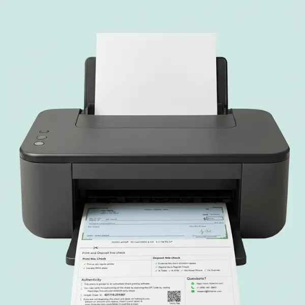 Check Printing Animated Businesswoman Using a Smartphone with Banks and Dollar Icons in the Background, Illustrating ACH Transactions Through FiChecks