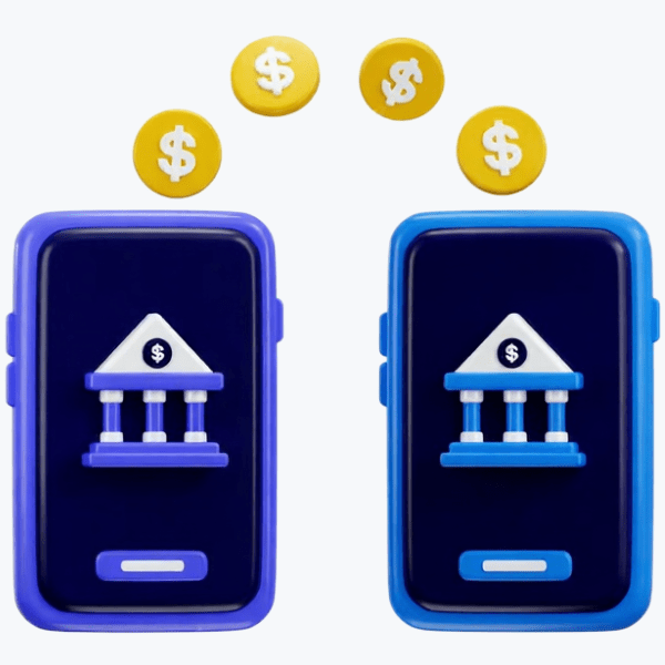 Animated Businesswoman Using a Smartphone with Banks and Dollar Icons in the Background, Illustrating ACH Transactions Through FiChecks