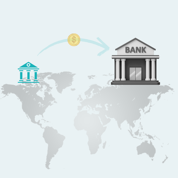 Animated Businesswoman Using a Smartphone with Banks and Dollar Icons in the Background, Illustrating ACH Transactions Through FiChecks