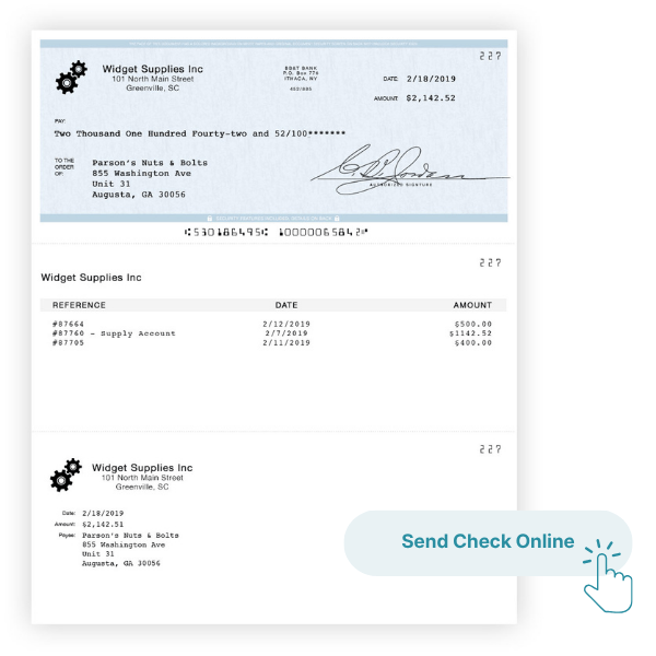 A Check from Widget Supplies Inc. Dated 02/18/2019, Totaling $2,142.52, Made Out to Parson's Nuts & Bolts