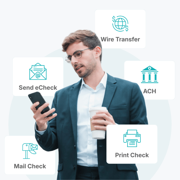 Animated Businesswoman Using a Smartphone with Banks and Dollar Icons in the Background, Illustrating ACH Transactions Through FiChecks