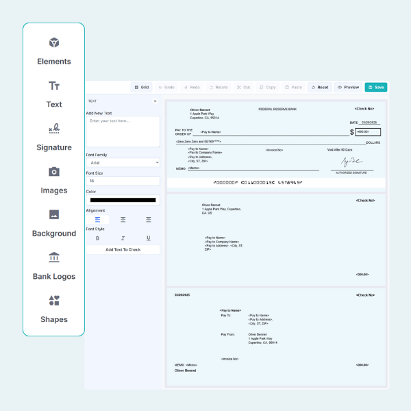 Check Design A Digital Interface for Check Design, Featuring Text Options, Alignment Tools, Signature Space, and Bank Logo Sections