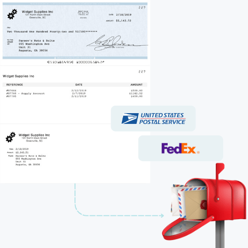 Check Mailing Image Shows a Check and Invoice from Widget Supplies Inc., Alongside a Mailbox Symbolizing Delivery by USPS and FedEx