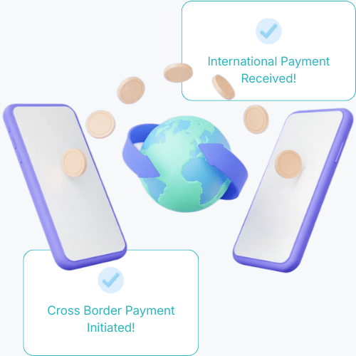 Cross Border Payments Two Smartphones Display Messages About Cross Border Payments, Centered Around a Globe with Coins Symbolizing International Transactions