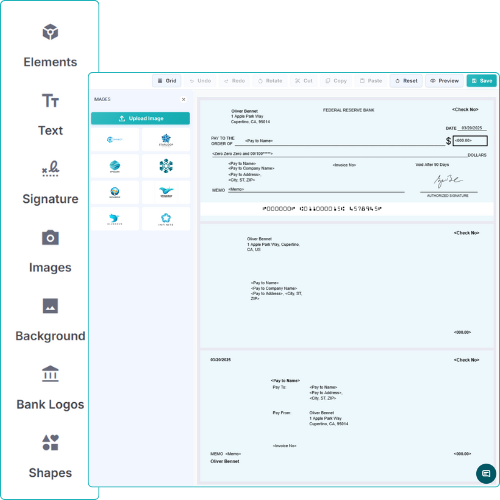 A Digital Check Design Interface Displaying Various Editing Options, with a Sample Check from the Federal Reserve Bank on the Right