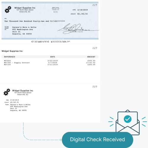Digital Check A Digital Check Receipt from Widget Supplies Inc., Showing a Payment of $2,142.52 Dated 2/18/2019, with Transaction Details Below