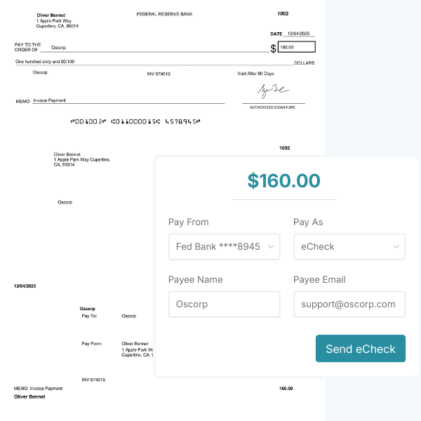 Animated Businesswoman Using a Smartphone with Banks and Dollar Icons in the Background, Illustrating ACH Transactions Through FiChecks