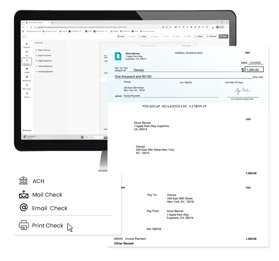 Print, Send, and Manage Your Checks Efficiently A Computer Screen Displays a Check Addressed to Oscorp, with Payment Details and Options to Send Via ACH, Mail, Email, or Print