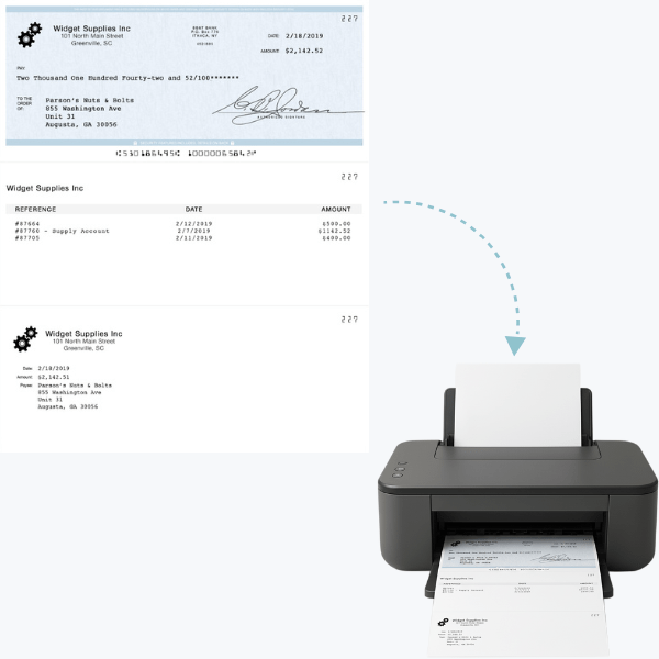 A Printer Outputs a Check and Invoices from Widget Supplies Inc, Showcasing Payment Details and Amounts