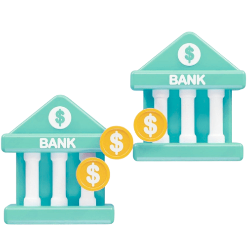 Two Bank Buildings in Teal, Featuring White Pillars and Yellow Coins, Labeled "Bank" Doing Direct Deposit