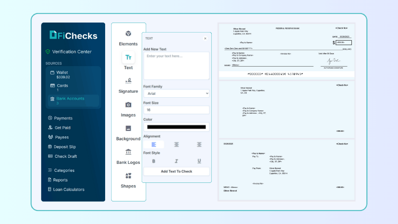 A User Interface for FiChecks Displaying Text and Formatting Options Alongside a Check Template Screenshot