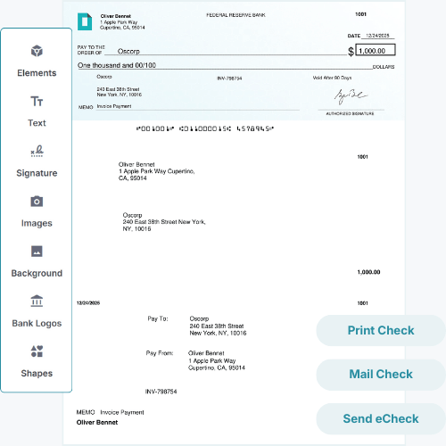 A Digital Check Template Showing Payment Details for Oliver Bennett, Including Sender and Recipient Addresses, Amount, and Options to Print or Send the Check