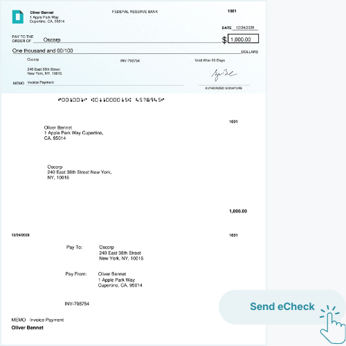 Electronic Check Payment with Details: $1,000 Payment to Occorp, Dated 12/30/2023, from Oliver Bennet at 1 Apple Park Way, Cupertino, CA