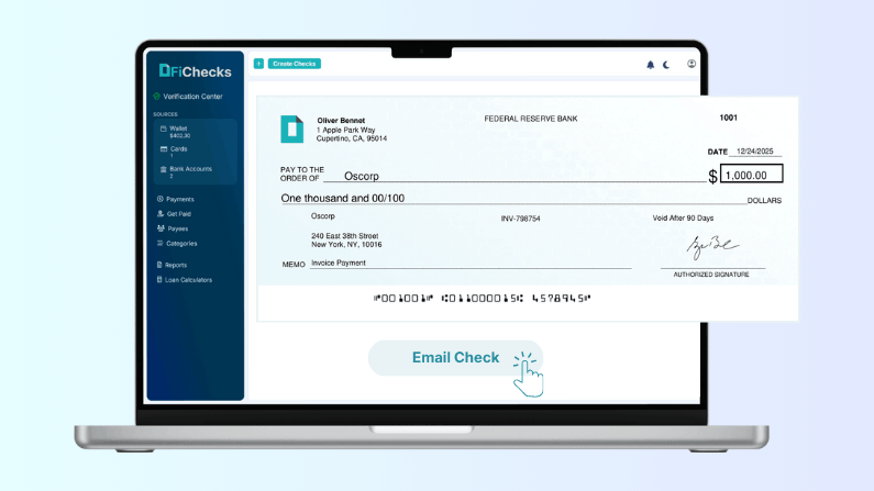Email Check Payments for Faster and Simpler Transactions A Laptop Displays a Digital Check from Federal Reserve Bank, Detailing a Payment of $1,000 to Oscorp, with an Option to Email