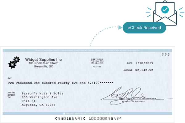 eCheck Image from Widget Supplies Inc, Dated 2/18/2019, for $2,142.52 to Parson’s Nuts & Bolts, Includes Signature and Bank Details