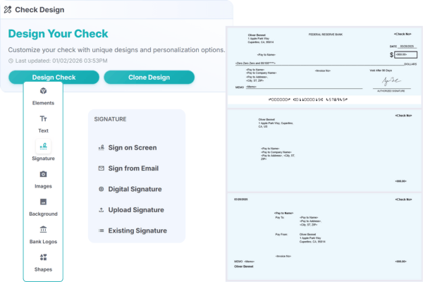 Screenshot of a Check Design Interface Allowing Customization with Options for Signatures, Backgrounds, and Bank Logos