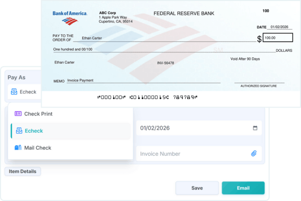 A Digital Check from Bank of America Addressed to Ethan Carter, Dated 01/02/2026, for $100, with an Invoice Payment Memo