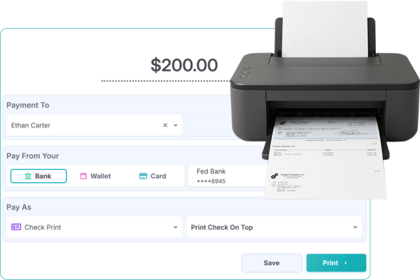 How FiChecks Helps Streamline Check Printing A Printer Dispensing a Check with a Payment Interface, Showing Payment Details for Ethan Carter, Totaling $200