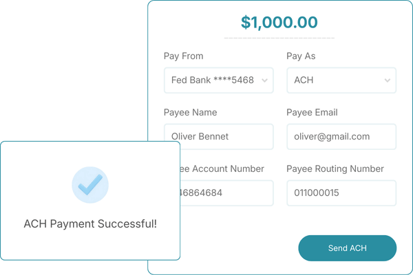 ACH Payment Confirmation Screen Displaying Successful Payment of $1,000.00, with Details for Payee and Sender