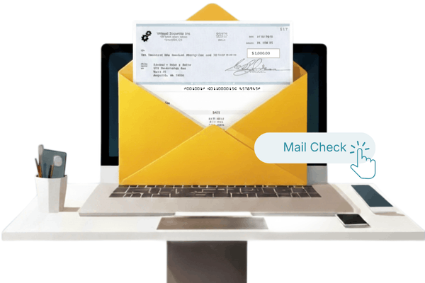 A Laptop on a Desk Displays an Open Envelope Containing a Check, with a "Mail Check" Button Highlighted Beside It