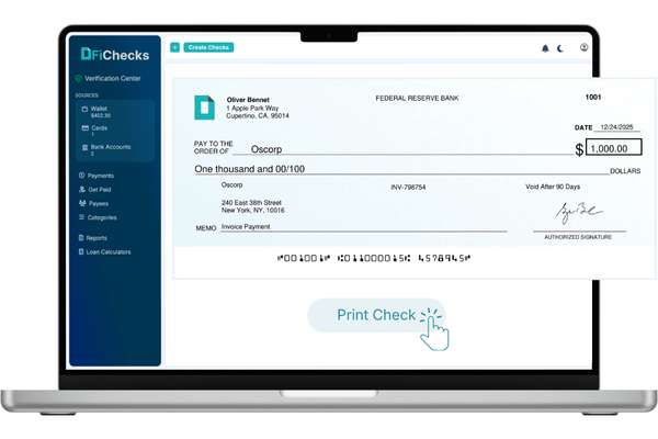 How Modern Check Printing Works Today A Laptop Screen Displays a Digital Check Addressed to Oscorp for $1,000, with Information on the Verification Interface and a "Print Check" Button