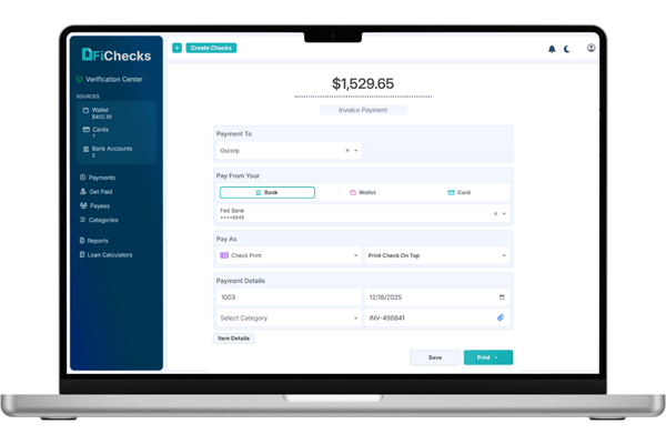 A Laptop Screen Displaying a Payment on the FiChecks Platform, Showing Fields for Payment Details and Options