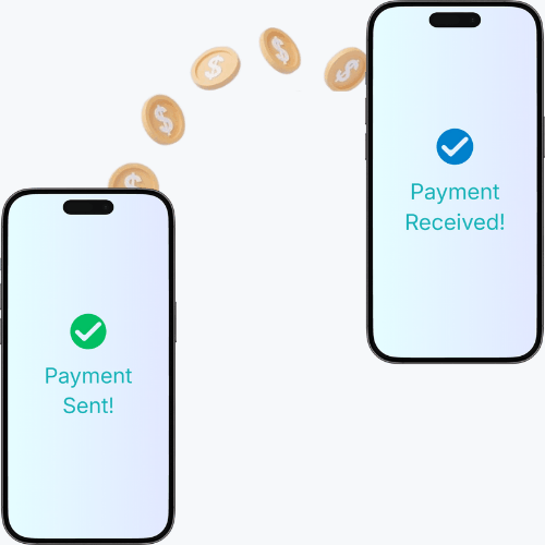 Two Smartphones with Messages: "Payment Sent!" and "Payment Received!" with Animated Dollar Coins Between Them
