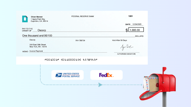 Illustration of a Check Payable to Oscorp for $1,000, with Icons for USPS and FedEx, Indicating Mailing Options