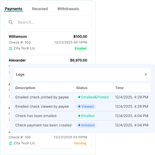 Screenshot of a Payment Dashboard Showing Received Payments, Withdrawal History, and Log Details for Checks and Their Statuses