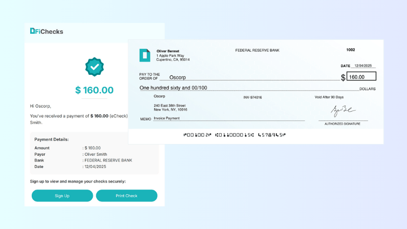 An Electronic Check Notification Showing a Payment of $160.00 from Oliver Bennet to Oscorp, with Details and an Option to Print