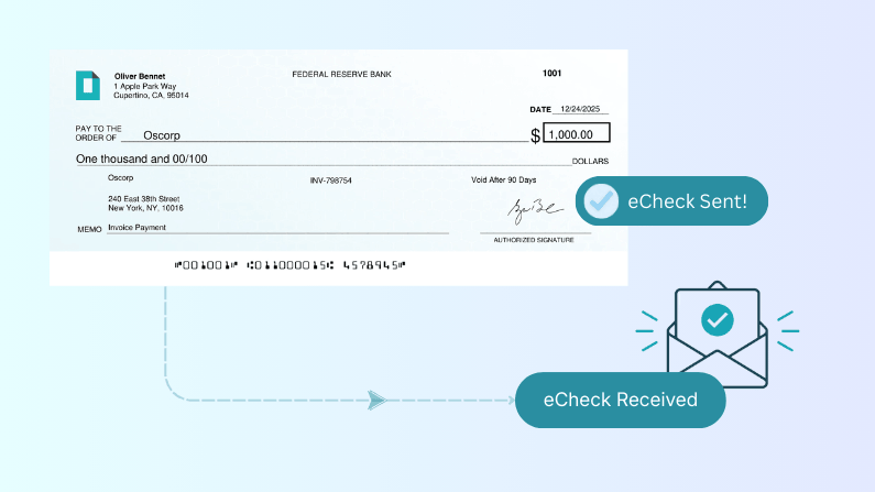 An eCheck Image Showing a $1,000 Payment to Oscorp, with a Notice of eCheck Sent and Received