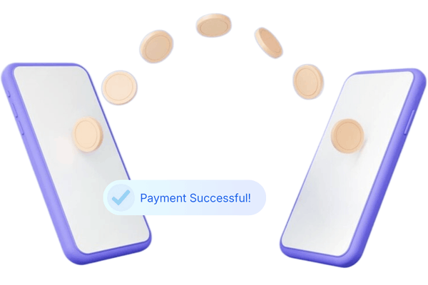 Two Smartphones with a Purple Border, Showing a "Payment Successful!" Message, with Coins Appearing to Transfer Between Them