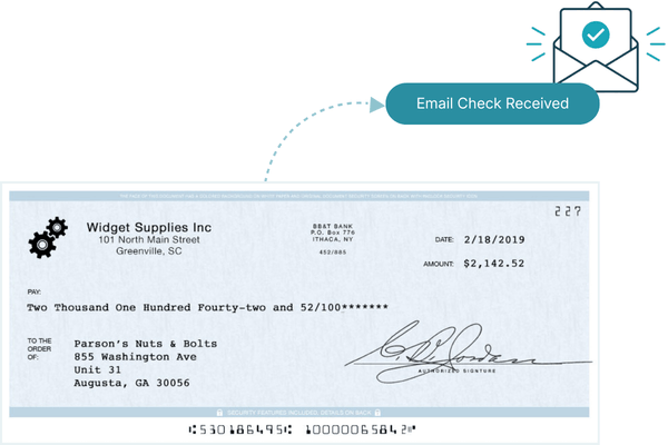 What an Email Check Really Means Check from Widget Supplies Inc. Issued to Parson's Nuts & Bolts for $2,142.52, Dated 2/18/2019, with Email Notification Icon