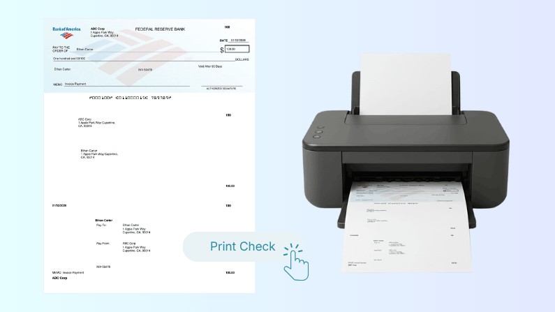 Why Check Printing Still Matters for Business Payments A Bank Check on Paper Being Printed from a Black Printer, with a "Print Check" Button and Instructions Displayed Beside It