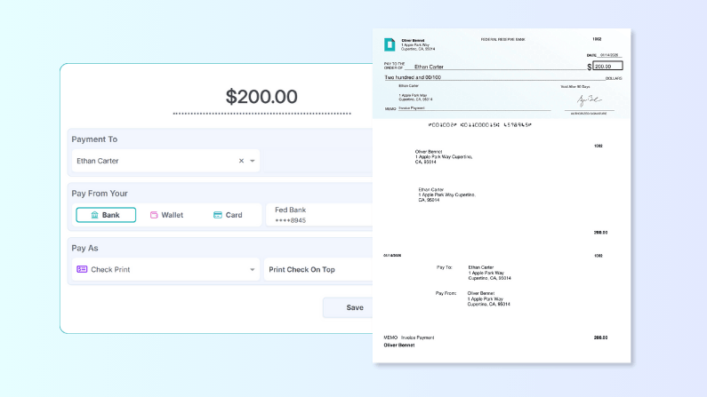 Payment Interface Showing $200 Due to Ethan Carter, Alongside a Printed Check Format Displaying Payment Details