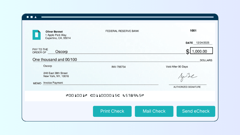 Digital Check Displaying Payment of $1,000.00 to Oscorp, with Options to Print, Mail, or Send an eCheck