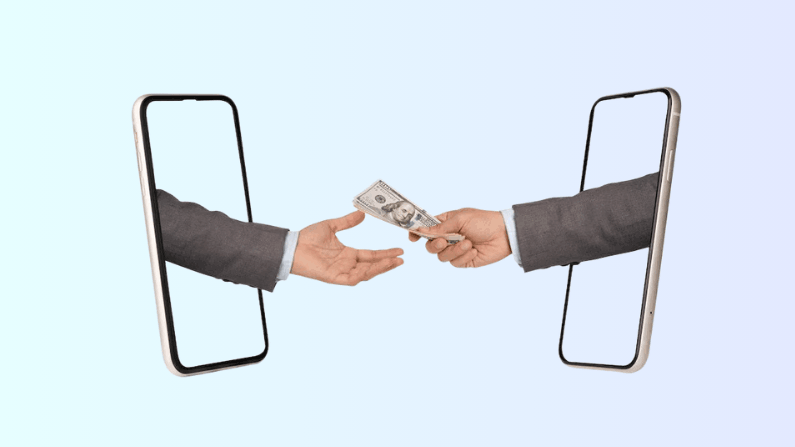 Digital Payments: A Practical Guide for Modern Businesses Two Hands Emerge from Smartphone Screens, Exchanging a Stack of Cash, Symbolizing Digital Transactions or Online Payments