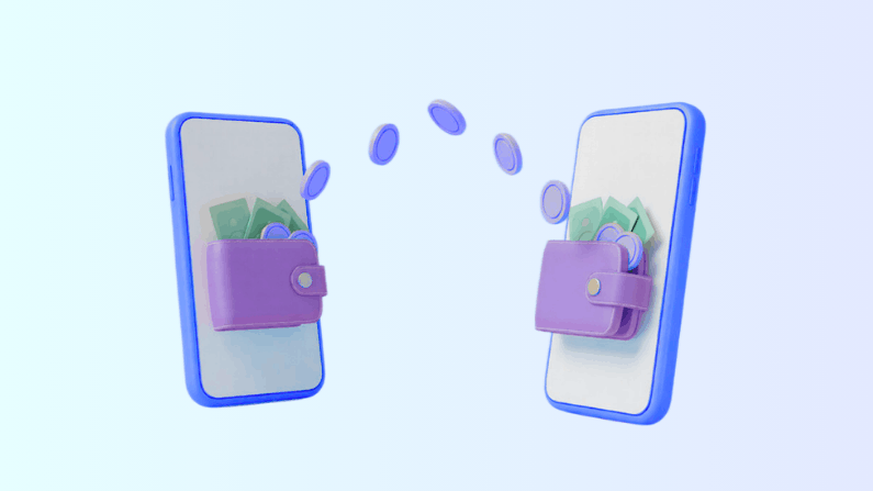 Two Smartphones with Purple Wallets Sending Coins and Cash Between Them, Symbolizing Digital Transactions or Mobile Payments