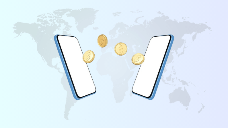 Money Transfer Overseas Made Simple for Modern Businesses and Individuals Two Smartphones Facing Each Other with Gold Coins Flying Between Them, Set Against a Light World Map Background
