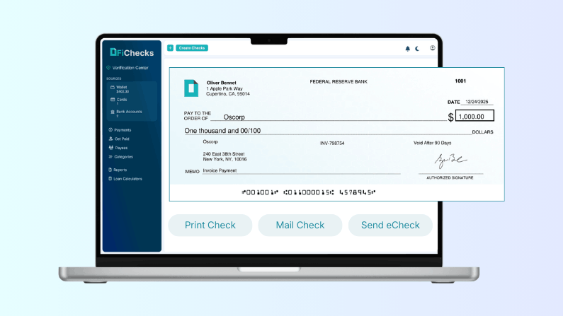 Pay By Check Online: A Simple Way to Manage Modern Payments A Laptop Screen Displays a Digital Check for $1,000 Made Out to Oscorp, with Options to Print, Mail, or Send an eCheck
